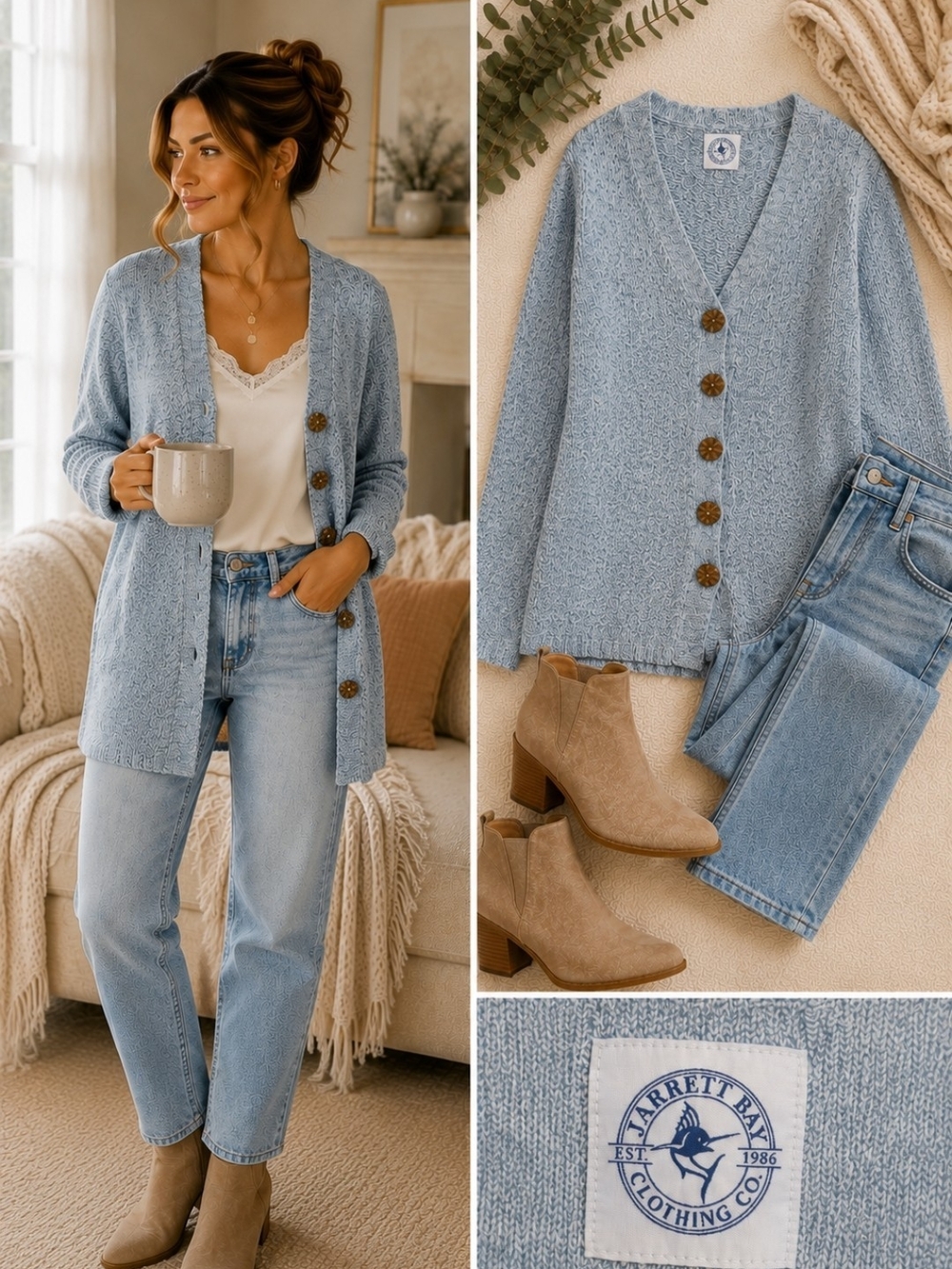 Jarrett Bay Blue Marled Button Cardigan Sweater Cozy Size S/ M